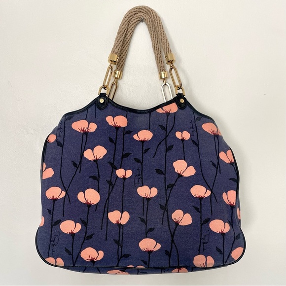 Tory Burch Floral Canvas Large Handbag Blue and Coral - Picture 6 of 11